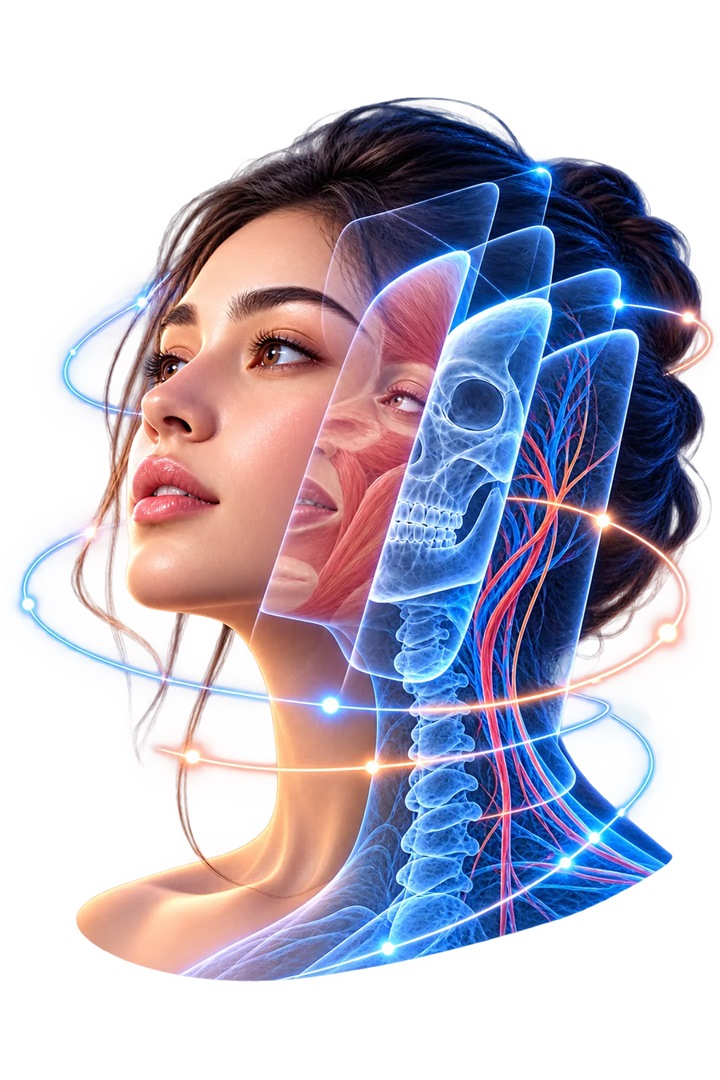 Full Audery artwork: a face shown in layers, peeling from skin to muscle, blood vessels and skull