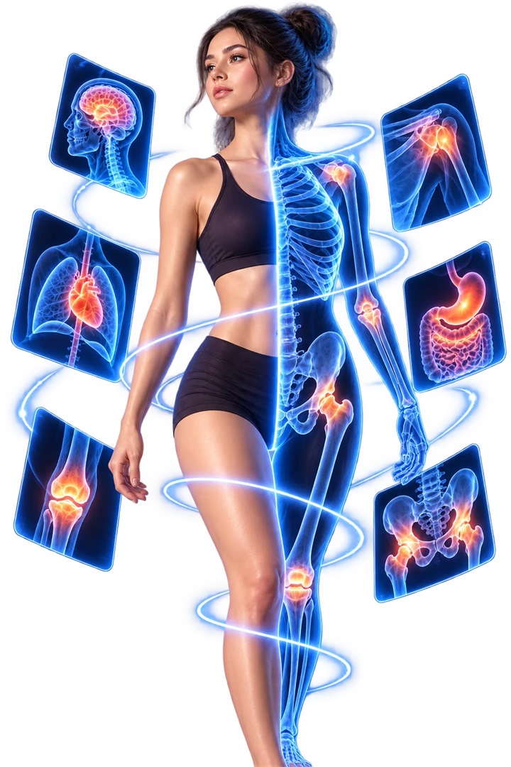 Full Audery artwork: a woman shown with a glowing x-ray skeleton, surrounded by panels of the brain, heart, lungs, stomach and joints
