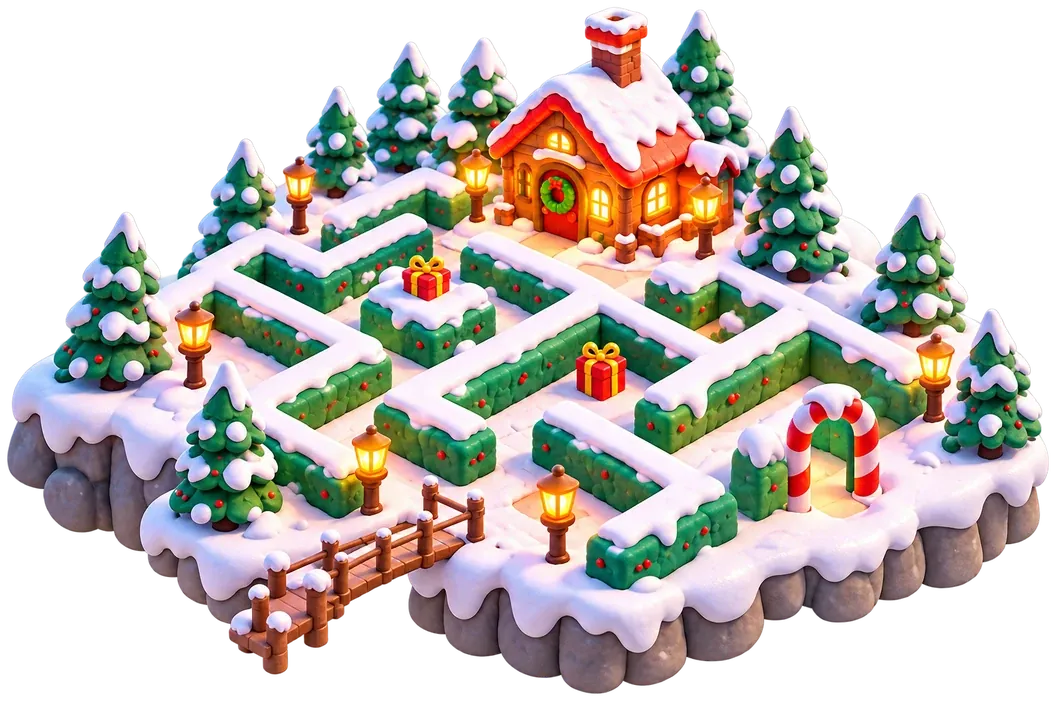 Isometric holly-hedge maze on a snowy island with a cottage, lanterns, gifts and a candy-cane arch