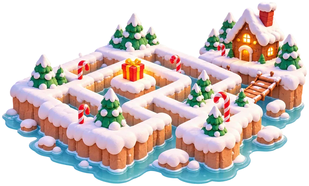 A clay-style maze island of snow-capped gingerbread walls, Christmas trees, candy canes and a glowing gift