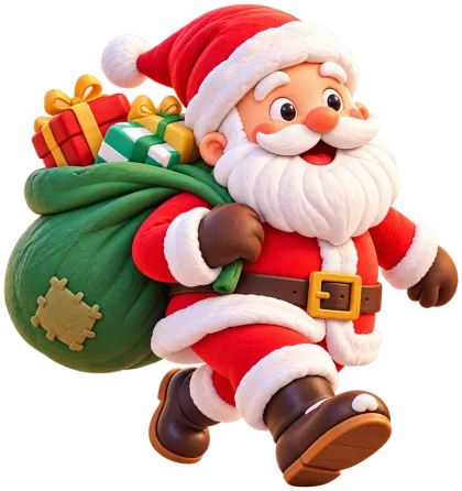 Santa striding along with a green sack full of presents