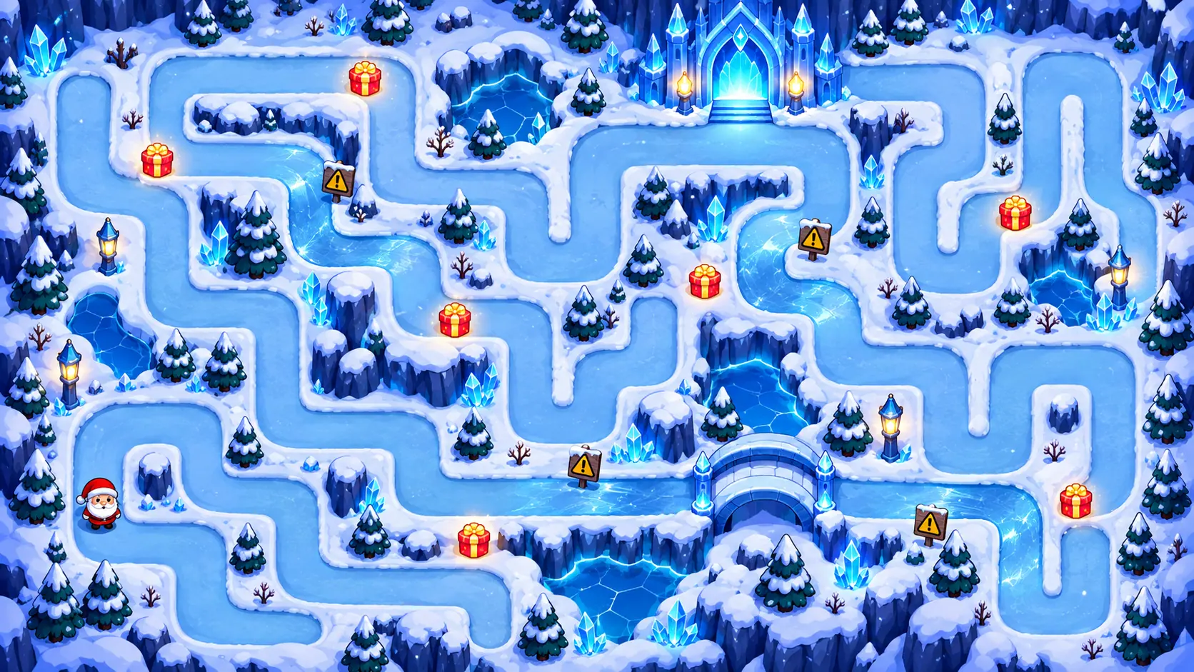Top-down view of an Ice Castle maze with ice paths and crystal pillars