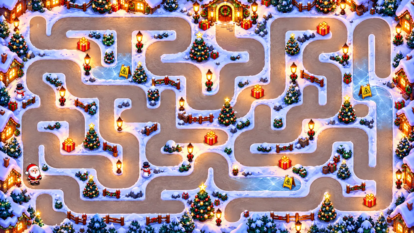 A Snowy Village maze seen from above, with gifts, lanterns and Christmas trees along the paths