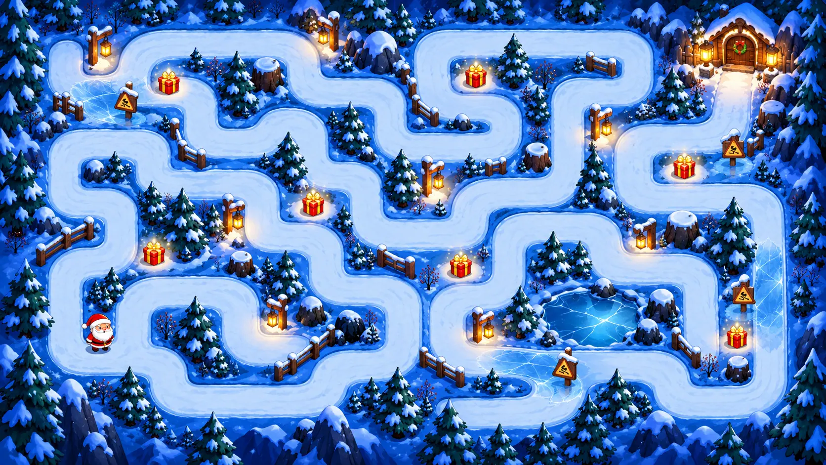 Top-down view of a Winter Forest maze with snowy paths winding between pines