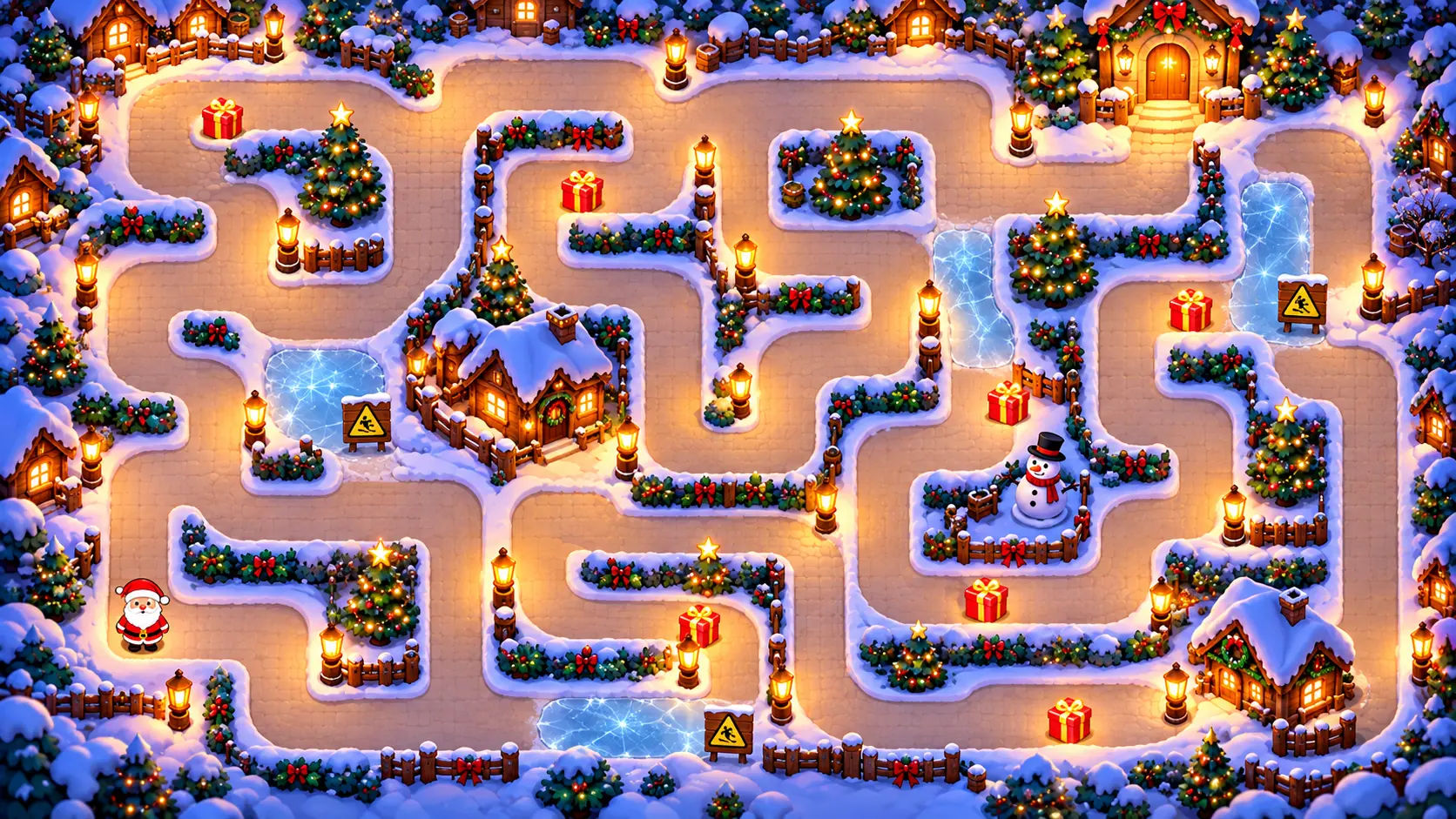 Top-down view of a Santa's Workshop maze with cobbled paths and holly hedges