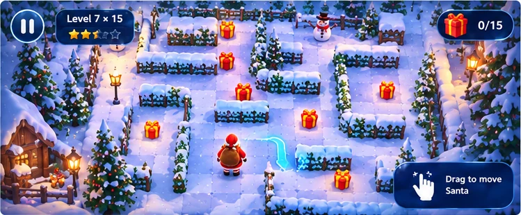 Gameplay screen showing Santa in a hedge maze, the gift counter and the “Drag to move Santa” hint